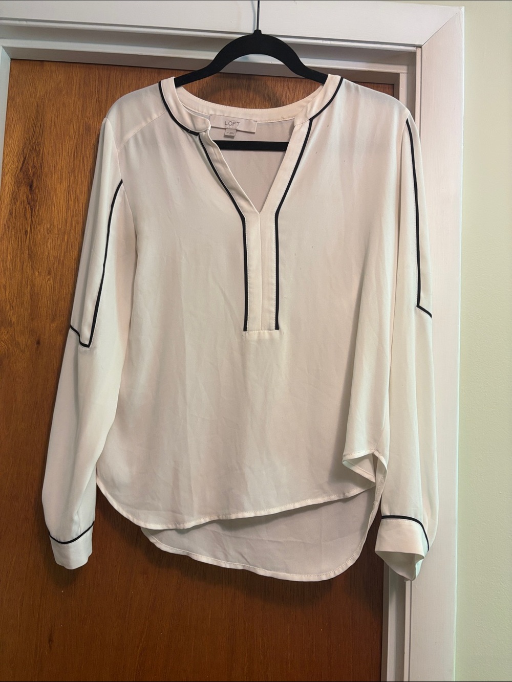 LOFT White Long-Sleeve V-Neck Blouse with Black Trim